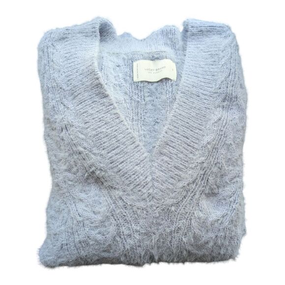 Lucky Brand V-Neck Relaxed Fit Eyelash Sweater softer-than-soft sz S blue cable - Picture 6 of 11